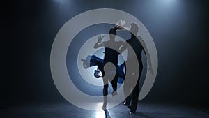 Professional couple of jive dancers posing in smoky studio, silhouette