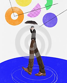 Professional crisis and difficulties. Businessman walking under umbrella with sad, worrying face. Challenges