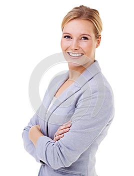 Professional, crossed arms and portrait of woman in studio with positive, good and confident attitude. Happy, pride and