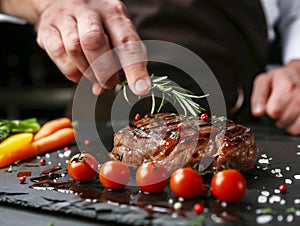 A professional culinary chef preparing a garnished delicious meal