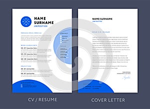 Professional CV resume template blue design and letterhead / cover letter - vector minimalist