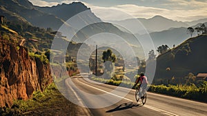 professional cyclist wearing red shirt riding his bike on la calera colombia highway with mountain view in evening photo