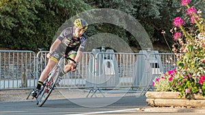 Professional cyclist in a corner at full speed