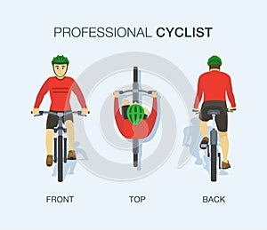 Professional cyclist. Front, back and top view of bicycle.