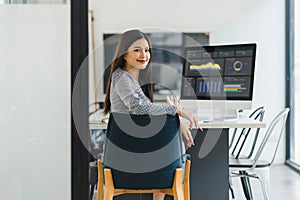 Professional data analyst using data visualizations dashboard on computer monitor for data business analysis and Data