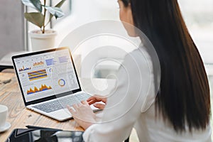 Professional data analyst using data visualizations dashboard on computer monitor for data business analysis and Data