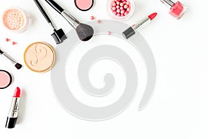 Professional decorative cosmetics, makeup tools on white background with copy space for text. Flat composition beauty