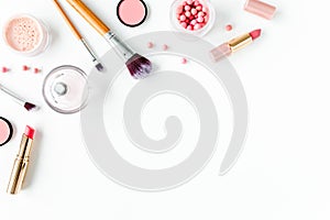 Professional decorative cosmetics, makeup tools on white background with copy space for text. Flat composition beauty