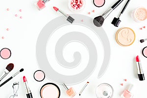 Professional decorative cosmetics, makeup tools on white background with copy space for text. Flat composition beauty