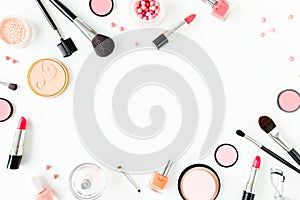 Professional decorative cosmetics, makeup tools on white background with copy space for text. Flat composition beauty