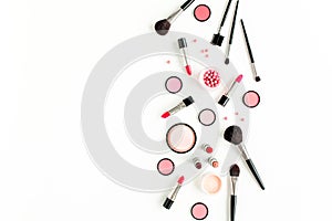 Professional decorative cosmetics, makeup tools on white background. Flat composition beauty, fashion. flat lay, top