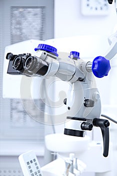 Professional Dental endodontic binocular microscope. Modern digital medicine equipment. Microscope for better treatment of oral