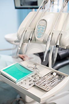 Professional dental instruments in a dentist`s office