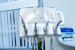 Professional Dentist instruments in dental office. Set of dental care instruments