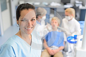 Professional dentist team checkup teenage patient