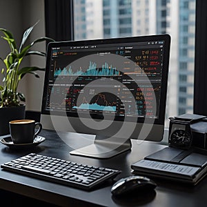 Professional Desk Setup with Computer Monitor and Graphs in a Data Analytics Workspace
