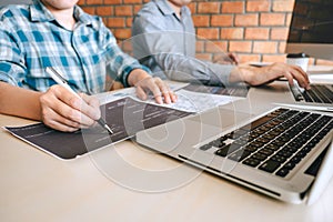 Professional Developer programmer cooperation meeting and brainstorming and programming in website working a software outsourcing