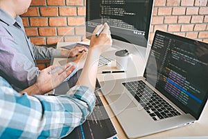 Professional Developer programmer cooperation meeting and brainstorming and programming in website working a software outsourcing