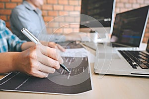 Professional Developer programmer cooperation meeting and brainstorming and programming in website working a software outsourcing
