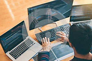 Professional Development programmer working in programming website a software and coding technology, writing codes and data