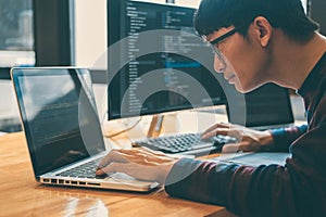 Professional Development programmer working in programming website a software and coding technology, writing codes and data code,