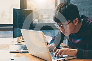 Professional Development programmer working in programming website a software and coding technology, writing codes and data code,