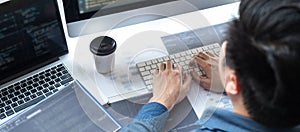 Professional Development programmer working in programming website a software and coding technology, writing codes and data code,