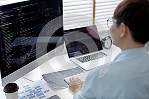 Professional development programmers are sit on a desk with work equipment