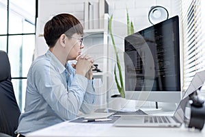 Professional development programmers are sit on a desk with work equipment