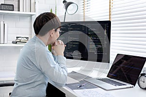 Professional development programmers are sit on a desk with work equipment