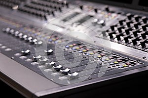 Professional digital audio mixing console close up