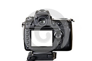 Professional digital camera with blank screen isolated on white background