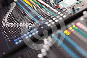 Professional digital sound mixing console close up