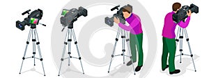 Professional digital video camera and Cameraman. Flat 3d isometric illustration for infographics and design. Camcorders