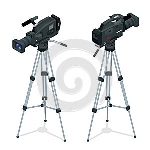 Professional digital video camera set on a tripod. Film lens. Flat 3d vector isometric illustration.