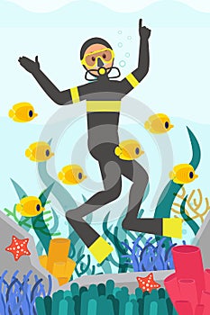 Professional diver swimming underwater surrounded by fishes. Marine life. Beautiful corals reefs. Flat vector design