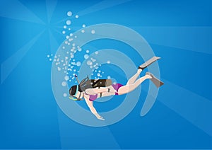 Professional divers swim under the sea in the ocean. summer vacation vector cartoon flat style illustration