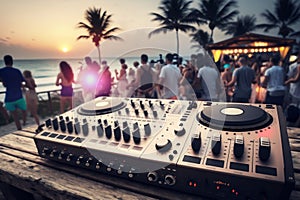 Professional DJ Console and Blurred Crowd at Night Beach Music Party, music day . AI