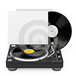 Professional DJ Turntable Vinyl Record Player near Stack of Vinyl Disks in Blank Paper Cases. 3d Rendering