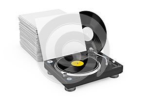Professional DJ Turntable Vinyl Record Player near Stack of Vinyl Disks in Blank Paper Cases. 3d Rendering