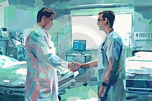 Professional doctors shaking hands in a hospital setting. Close up shot. AIG51.
