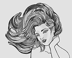 Professional drawing of a beauty with curved hair