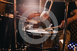 Professional drum set closeup. Drummer with drums