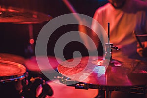 Professional drum set closeup. Drummer with drums, live music concert.