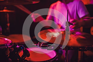 Professional drum set closeup. Drummer with drums, live music concert.