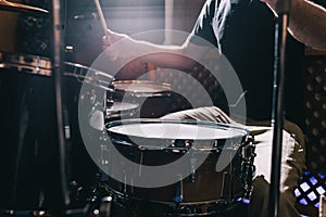 Professional drum set closeup. Drummer plays drums