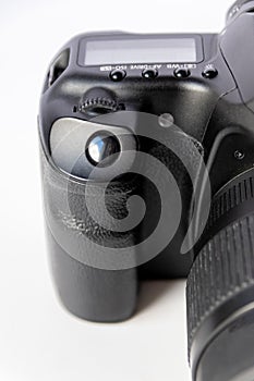 Professional dslr camera equipment with 70-300 mm tele zoom objective with wide camera lens in macro close-up view shows details