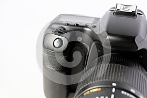 Professional dslr camera equipment with 70-300 mm tele zoom objective with wide camera lens in macro close-up view shows details