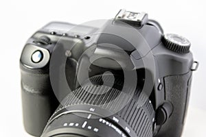 Professional dslr camera equipment with 70-300 mm tele zoom objective with wide camera lens in macro close-up view shows details