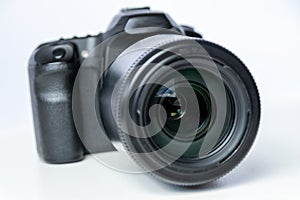 Professional dslr camera equipment with 70-300 mm tele zoom objective with wide camera lens in macro close-up view shows details